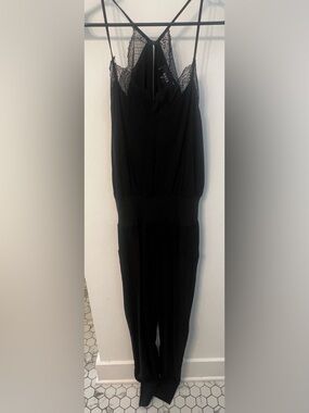 Vici Black Lace-Trim Maxi Jumpsuit with Spaghetti Straps